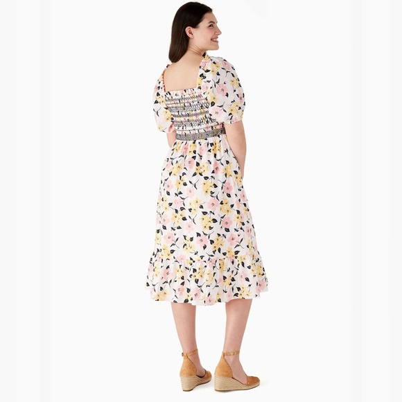 Kate Spade New York Lily Blooms Smocked Multi Floral Pastel Midi Dress - Picture 13 of 15